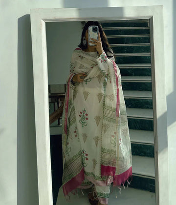 White saffron Chanderi set