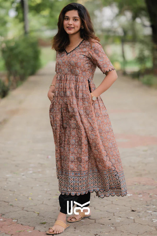 Ajrakh Kurta Set in Brown