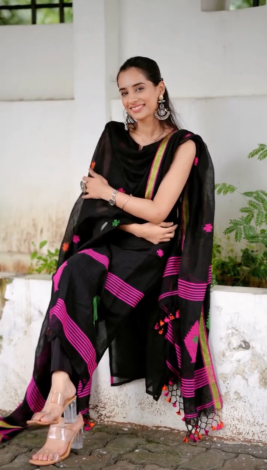 Black Linen Full Kurta Set