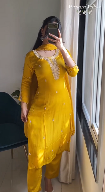 Yellow Handworked Kurti With Tulip Pants