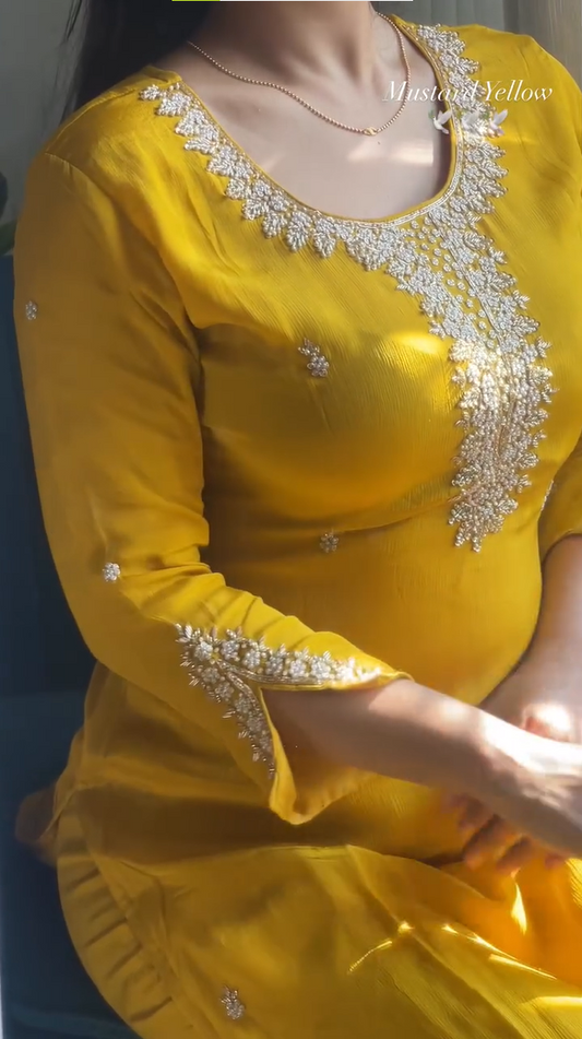 Yellow Handworked Kurti With Tulip Pants