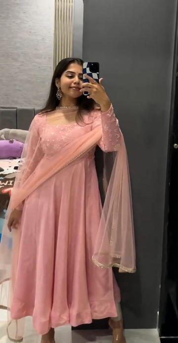 Pink Designer Embroidered Gown with Pant & Dupatta Set