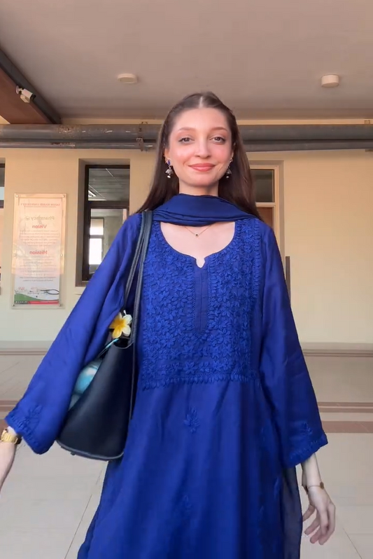 Chanderi Chikankari with Mukaish Solid Women's 3 PC Long Kurta Set- Purple