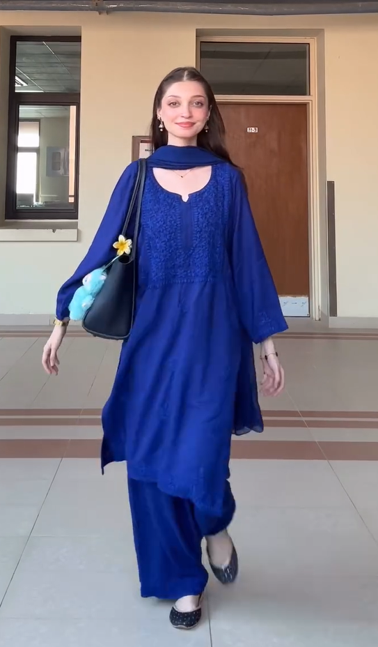 Chanderi Chikankari with Mukaish Solid Women's 3 PC Long Kurta Set- Purple