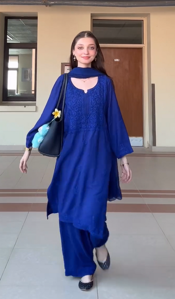 Chanderi Chikankari with Mukaish Solid Women's 3 PC Long Kurta Set- Purple