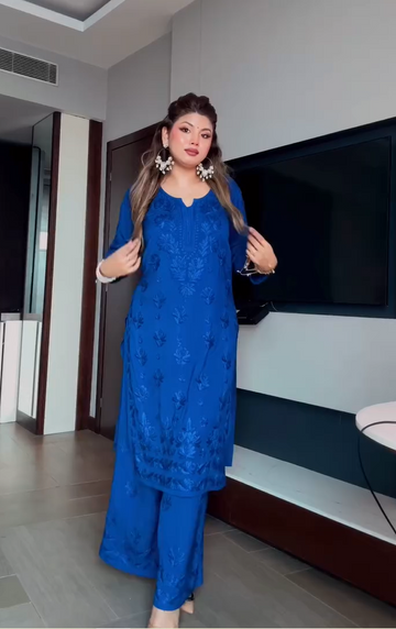Lucknow Chikankari Hand Embroidered Blue Cotton Kurta