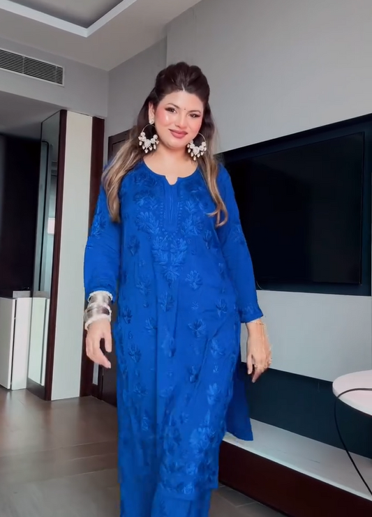 Lucknow Chikankari Hand Embroidered Blue Cotton Kurta