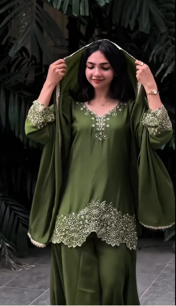 Green Chinnon Silk Designer Embroidery Kurta Set