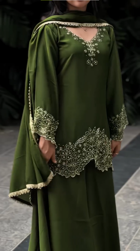 Green Chinnon Silk Designer Embroidery Kurta Set